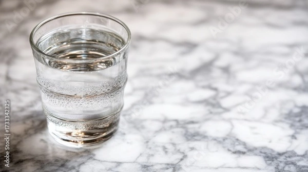 Obraz condensation. A close-up of a clear water glass with condensation on a sleek marble surface, reflecting light in a minimalist setting. bar promotions.