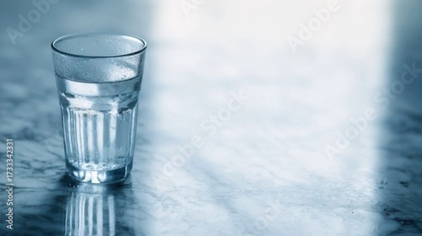 Obraz condensation. A close-up of a clear water glass with condensation on a sleek marble surface, reflecting light in a minimalist setting. bar promotions.