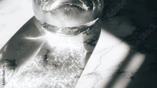Obraz condensation. A close-up of a clear water glass with condensation on a sleek marble surface, reflecting light in a minimalist setting. bar promotions.