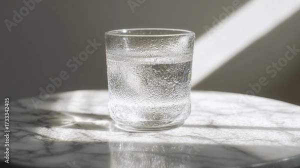 Obraz condensation. A close-up of a clear water glass with condensation on a sleek marble surface, reflecting light in a minimalist setting. bar promotions.
