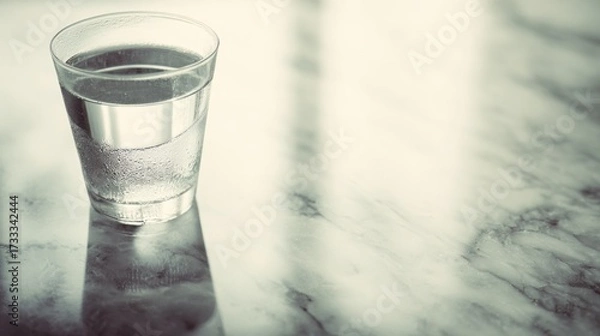 Obraz condensation. A close-up of a clear water glass with condensation on a sleek marble surface, reflecting light in a minimalist setting. bar promotions.