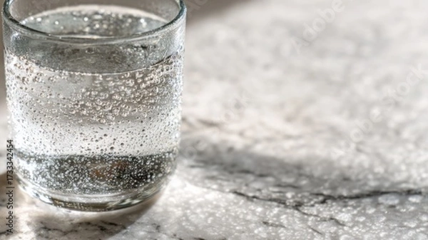 Obraz condensation. A close-up of a clear water glass with condensation on a sleek marble surface, reflecting light in a minimalist setting. bar promotions.