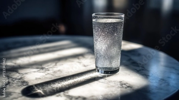 Obraz condensation. A close-up of a clear water glass with condensation on a sleek marble surface, reflecting light in a minimalist setting. bar promotions.