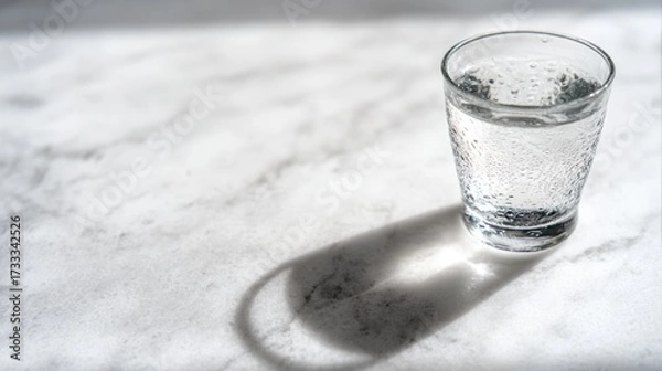 Obraz condensation. A close-up of a clear water glass with condensation on a sleek marble surface, reflecting light in a minimalist setting. bar promotions.