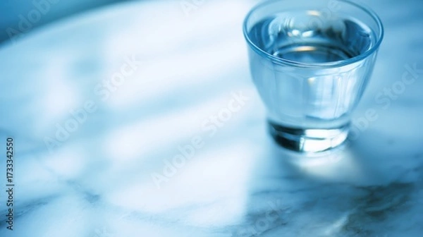 Obraz condensation. A close-up of a clear water glass with condensation on a sleek marble surface, reflecting light in a minimalist setting. bar promotions.