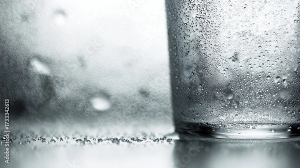 Obraz condensation. A close-up of a clear water glass with condensation on a sleek marble surface, reflecting light in a minimalist setting. bar promotions.