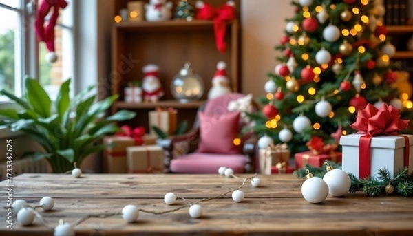 Fototapeta Festive Christmas Table Scene with String Lights and Decorations