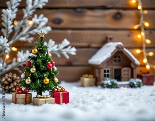 Fototapeta Festive Christmas Scene with Decorated Tree and Snow