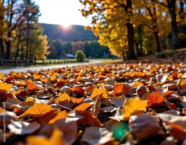 Fototapeta Serene Autumn Scene with Colorful Leaves and Forest