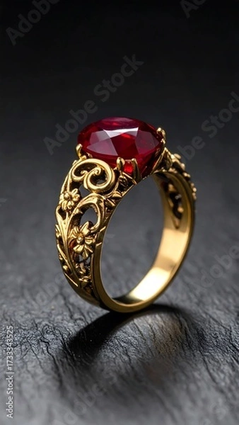 Fototapeta Gold ring with a large red gemstone