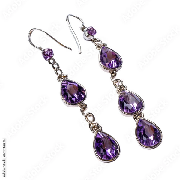 Fototapeta Elegant, dangling earrings with three teardrop-shaped amethyst gemstones, set in a silver-toned metal