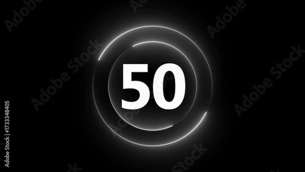 Fototapeta White Neon Circle With Number 50 On Black Background fifty numeral