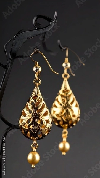 Fototapeta Gold teardrop earrings with intricate detail on a dark background