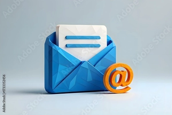 Obraz A blue envelope with a white letter and an orange at symbol on a light blue background surface