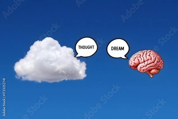 Obraz A cloud and a brain with thought and dream bubbles against a vibrant blue sky background image