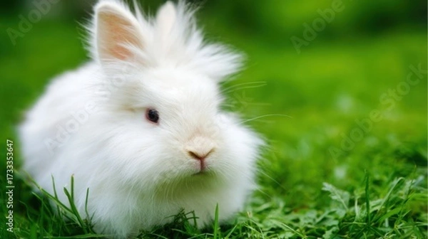 Fototapeta rabbit. A fluffy white rabbit rests on a spring meadow, surrounded by blurred green grass and soft natural light. wildlife magazines.