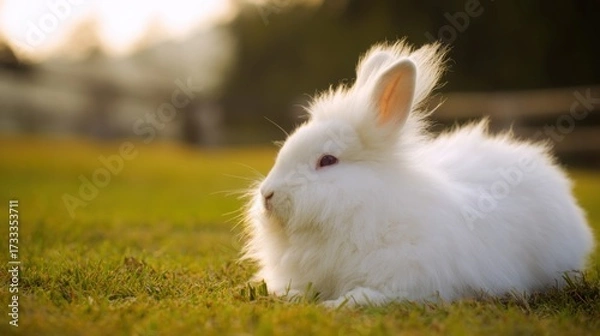 Fototapeta rabbit. A fluffy white rabbit rests on a spring meadow, surrounded by blurred green grass and soft natural light. wildlife magazines.