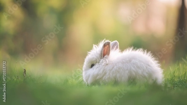 Fototapeta rabbit. A fluffy white rabbit rests on a spring meadow, surrounded by blurred green grass and soft natural light. wildlife magazines.