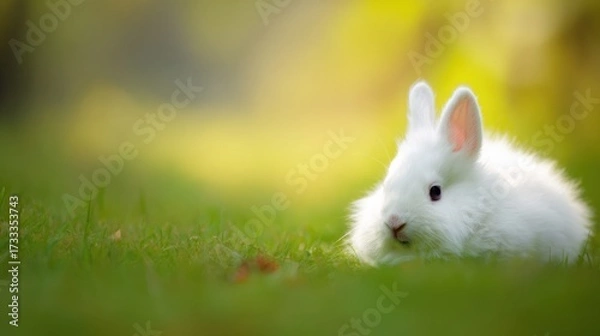 Fototapeta rabbit. A fluffy white rabbit rests on a spring meadow, surrounded by blurred green grass and soft natural light. wildlife magazines.