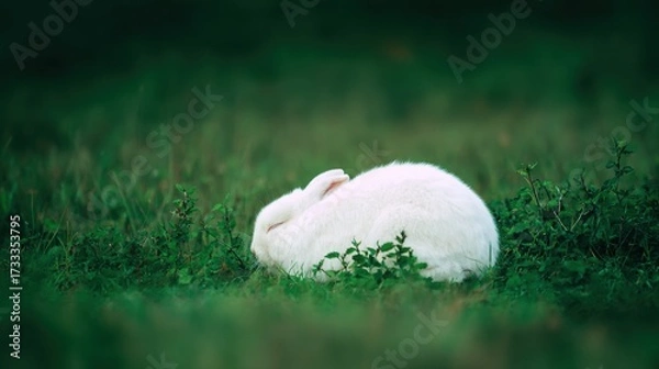 Fototapeta rabbit. A fluffy white rabbit rests on a spring meadow, surrounded by blurred green grass and soft natural light. wildlife magazines.