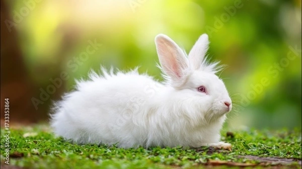 Fototapeta rabbit. A fluffy white rabbit rests on a spring meadow, surrounded by blurred green grass and soft natural light. wildlife magazines.