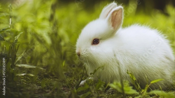 Fototapeta rabbit. A fluffy white rabbit rests on a spring meadow, surrounded by blurred green grass and soft natural light. wildlife magazines.