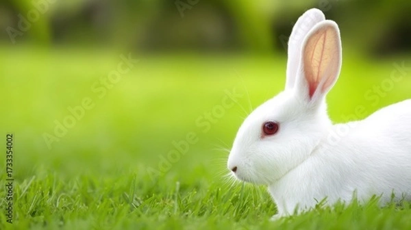 Fototapeta rabbit. A fluffy white rabbit rests on a spring meadow, surrounded by blurred green grass and soft natural light. wildlife magazines.