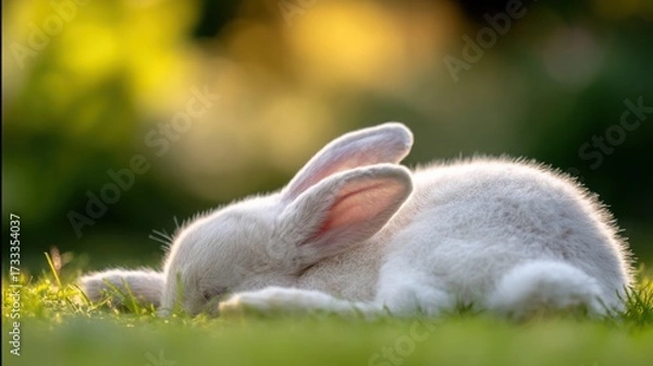 Fototapeta rabbit. A fluffy white rabbit rests on a spring meadow, surrounded by blurred green grass and soft natural light. wildlife magazines.