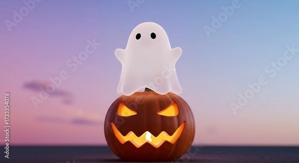 Fototapeta Chubby ghost sitting on a glowing pumpkin lantern, smiling under a pastel night sky