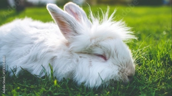 Fototapeta rabbit. A fluffy white rabbit rests on a spring meadow, surrounded by blurred green grass and soft natural light. wildlife magazines.