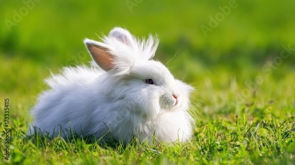 Fototapeta rabbit. A fluffy white rabbit rests on a spring meadow, surrounded by blurred green grass and soft natural light. wildlife magazines.