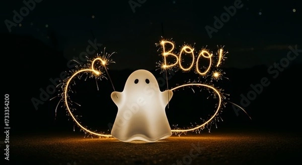 Fototapeta Cute ghost holding sparkler lights, glowing trails forming “boo!” in the air