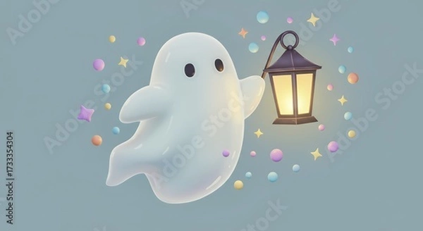 Fototapeta Friendly ghost holding a glowing lantern with pastel sparkles floating around