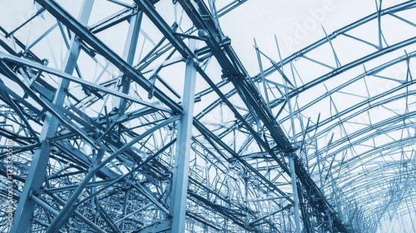 Fototapeta girders. Steel frame structure under construction with ambient lighting and minimal background, real-estate listings.