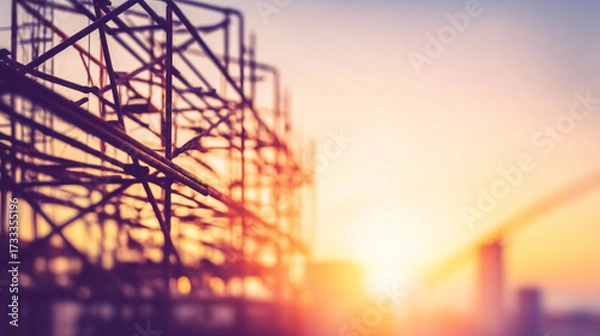 Fototapeta girders. Steel frame structure under construction with ambient lighting and minimal background, real-estate listings.