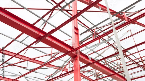 Fototapeta girders. Steel frame structure under construction with ambient lighting and minimal background, real-estate listings.