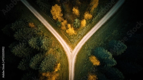 Fototapeta direction. Forked country road through autumn forest during golden hour, symbolizing choices and journeys. representing seasonal cycles and harvest abundance.
