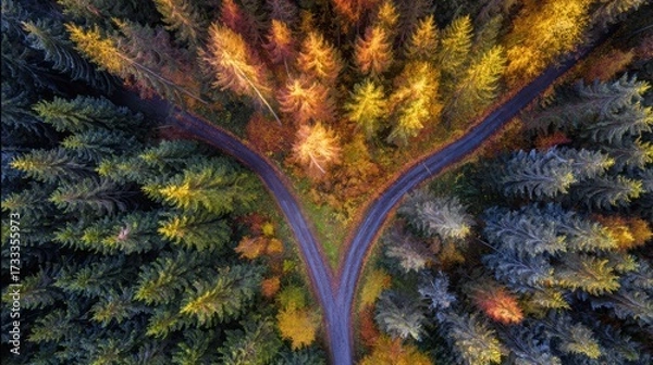 Fototapeta direction. Forked country road through autumn forest during golden hour, symbolizing choices and journeys. representing seasonal cycles and harvest abundance.