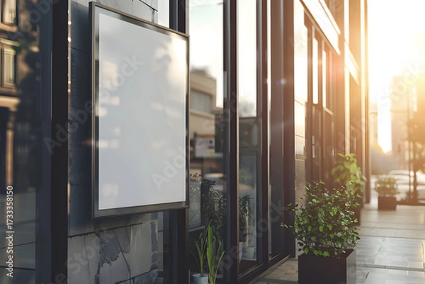 Fototapeta Billboard Advertisement Display: The image depicts a modern shop, with a blank billboard. The billboard is placed on the side of a shop. the setting sunlight add more appealing to the view.