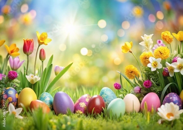 Obraz Colorful Easter eggs and spring flowers in a garden scene