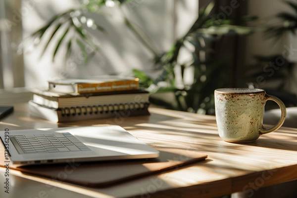 Fototapeta Workspace Serenity: A sun-drenched workspace features an open laptop, inviting books, and a comforting mug, creating an ambiance of focused productivity.