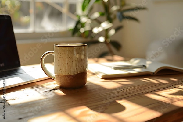 Fototapeta Workspace Coffee Break: A serene workspace is bathed in natural light, with a ceramic mug, a laptop, and a notebook resting on a wooden desk, symbolizing productivity and inspiration.