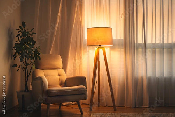 Fototapeta Cozy Corner: A tranquil indoor scene featuring a comfortable armchair, a warm lamp, and soft, sheer curtains, offering a sense of peace and inviting relaxation.