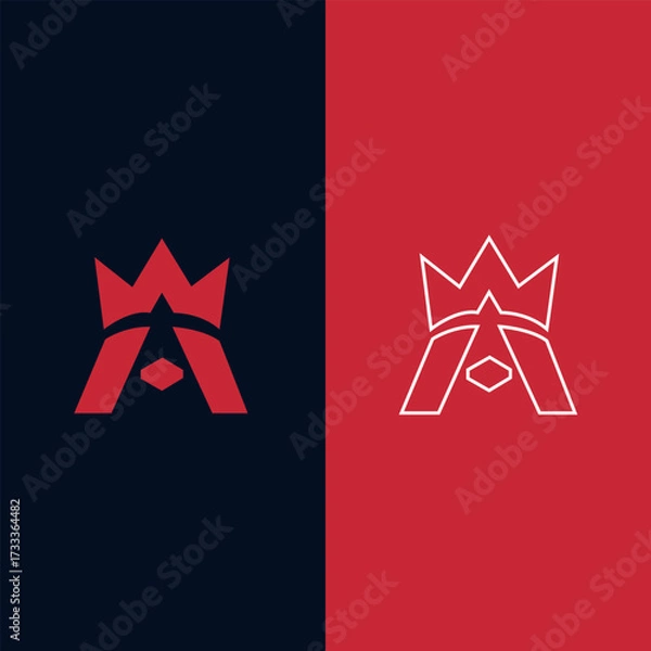 Fototapeta Modern abstract letter a logo with a crown, split into two halves, one solid red and one outlined, on a dark blue and red background