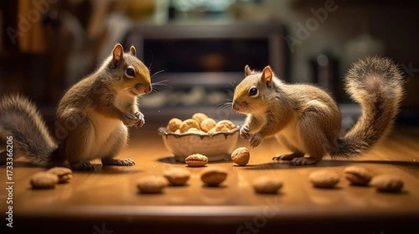 Fototapeta Two squirrels facing each other with a bowl of nuts and nuts scattered on a wooden surface indoors