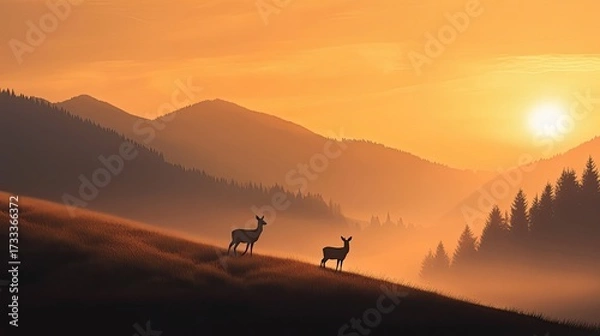 Fototapeta Two deer standing on a hillside at sunset with mountains and trees in the background in golden light