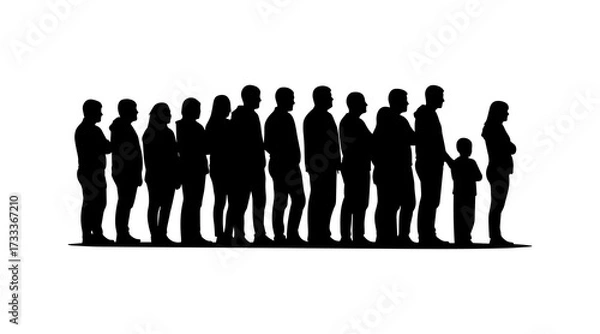 Fototapeta Silhouette of people standing in a queue on white background. diverse people.