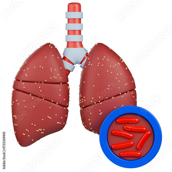 Fototapeta Lung with miliary tuberculosis 3d illustration. Tiny granulomas scattered across the lung tissue, with a magnified view of the rod-shaped Mycobacterium tuberculosis bacteria.