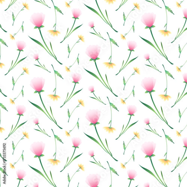 Fototapeta Seamless Floral Pattern with Blooming Pink and Yellow Flowers and Leaves. Botanical Decorative Background for Textile and Wallpaper Design. Vector Illustrations