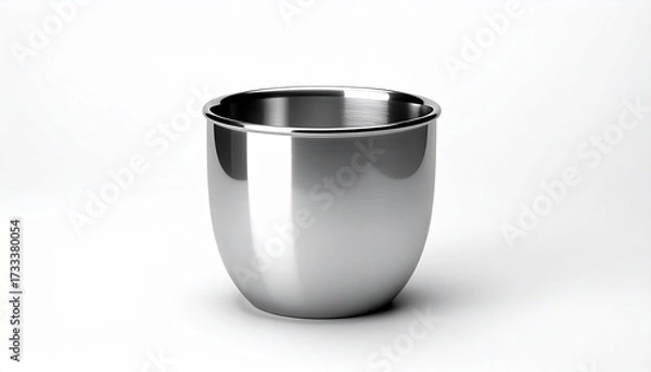 Obraz Metallic stainless steel cup, smooth reflective surface, cylindrical shape on white background.